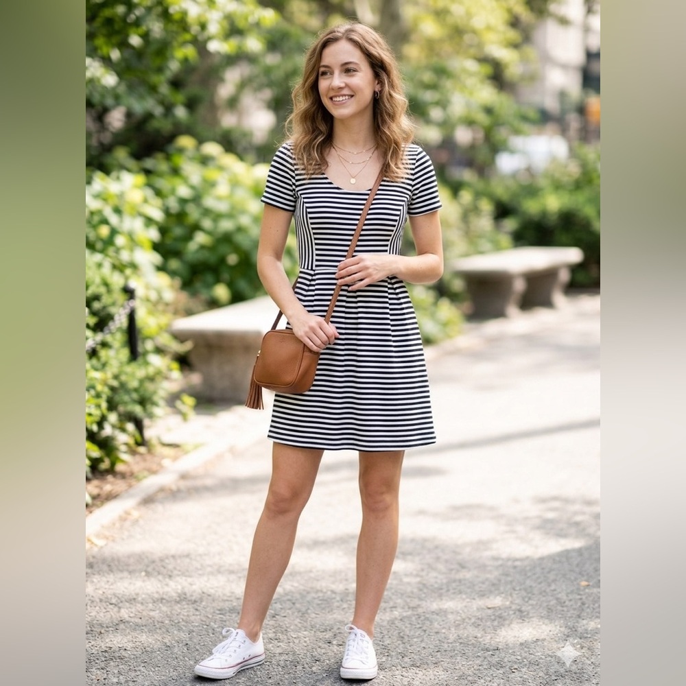 J. Crew Black & White Striped Short-Sleeve Fit-and-Flare Mini‎ Dress